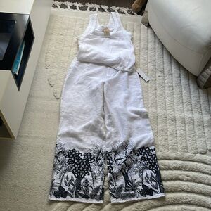 Calypso White Linen Pants Floral Saffari Embroidery Straight Wide Sz. 6  S/M NEW
